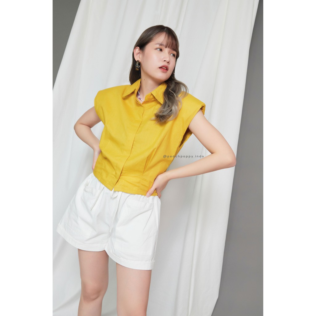 Korea Women Muscle Tank Shoulder Pad Top Atasan Wanita Polos Tanpa Lengan - Ulla Top Lemon