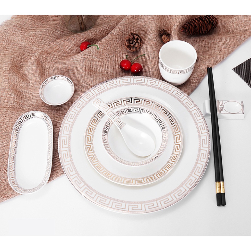 Set Piring Keramik Golden White Gaya Nordic Eropa Peralatan Makan Dining Set Klasik Mewah Modern