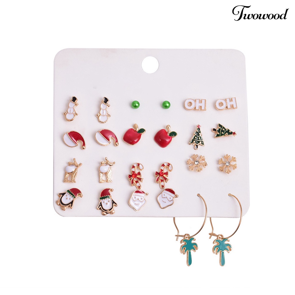 12 Pasang Anting Stud Desain Topi Santa Claus Snowflake Pohon Natal Snowman Untuk Wanita