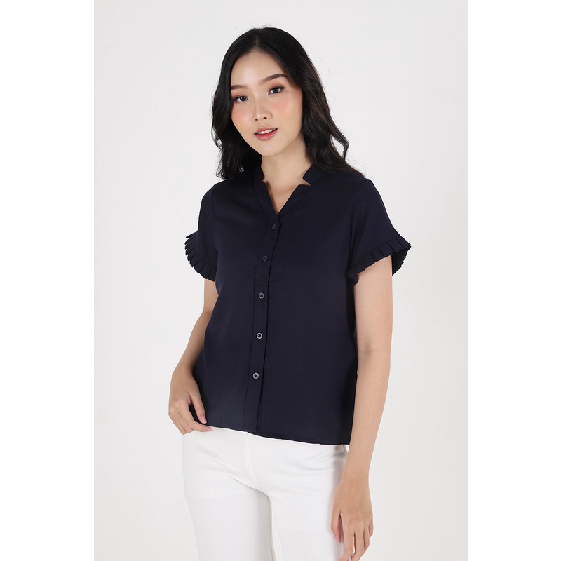 Sorabel - Dixasa Plain Pleats Blouse / Kemeja Wanita Lengan Pendek-Navy