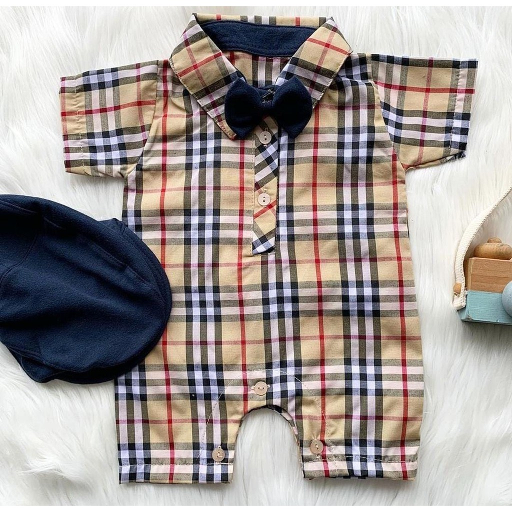 Baju setelan kemeja romper free topi dasi babyboy bayi lakilaki cowok lucu bahan lembut murah -bur