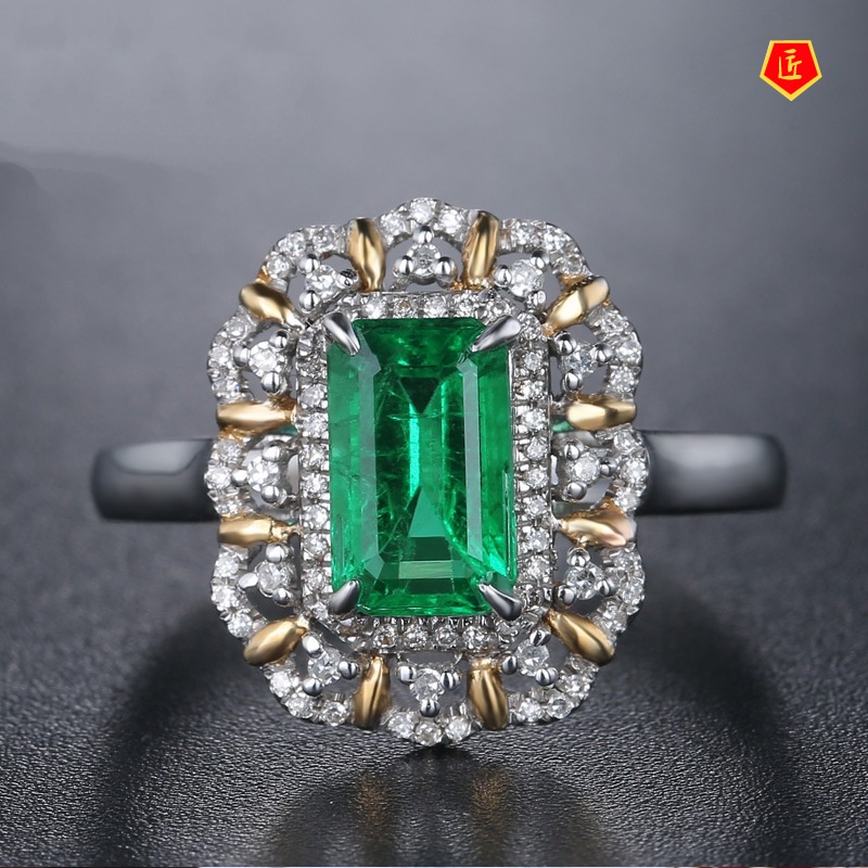 [Ready Stock]Elegant Emerald Square Diamond Ring 18K Gold Color Separation