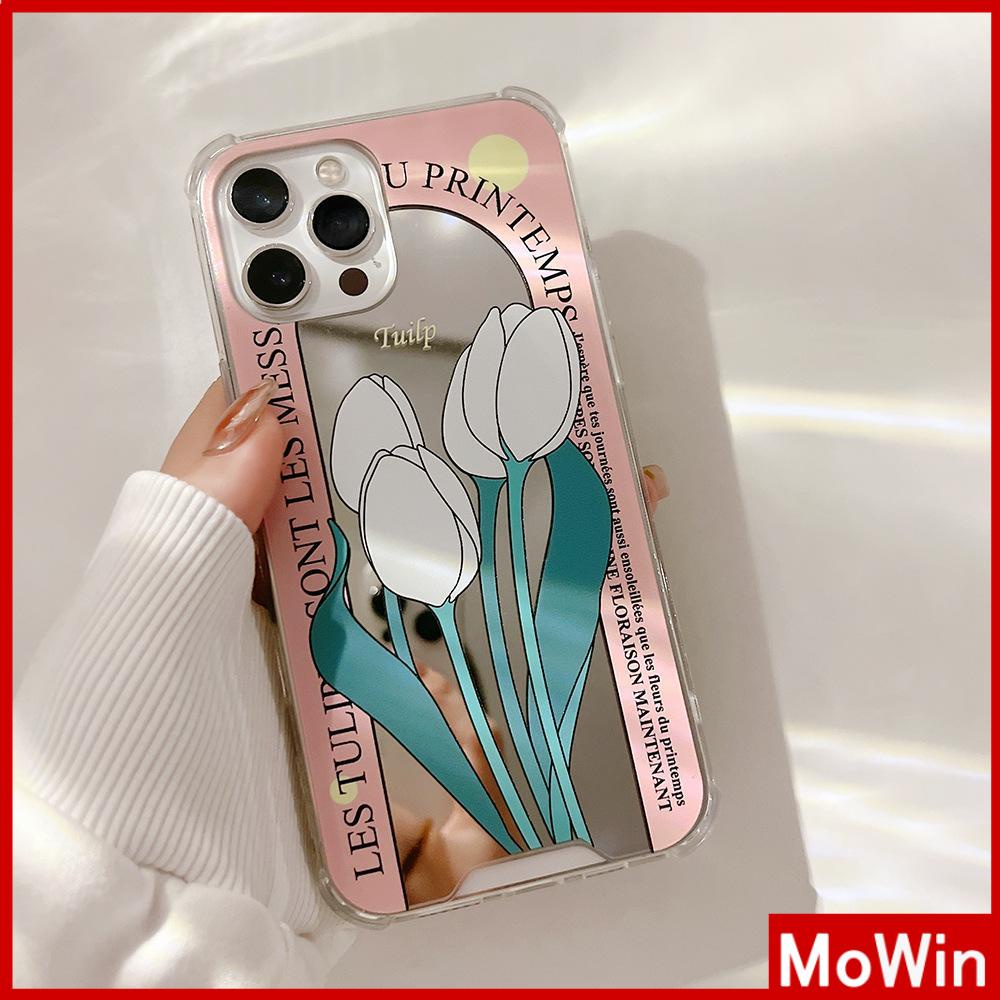 iPhone Case Acrylic Mirror Airbag Shockproof Protection Camera Cute Pink Tulip Flower Compatible For iPhone 11 iPhone 13 Pro Max iPhone 12 Pro Max iPhone 7 Plus iPhone x xr xs max