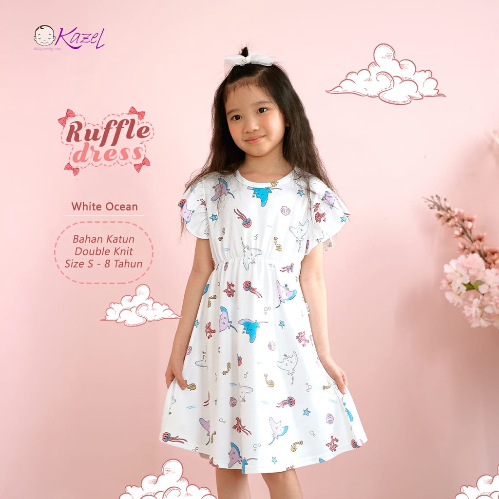 KAZEL x ZEBE RUFFLE DRESS MOTIF BAJU ANAK PEREMPUAN DRESS ANAK PEREMPUAN 1-8 TAHUN