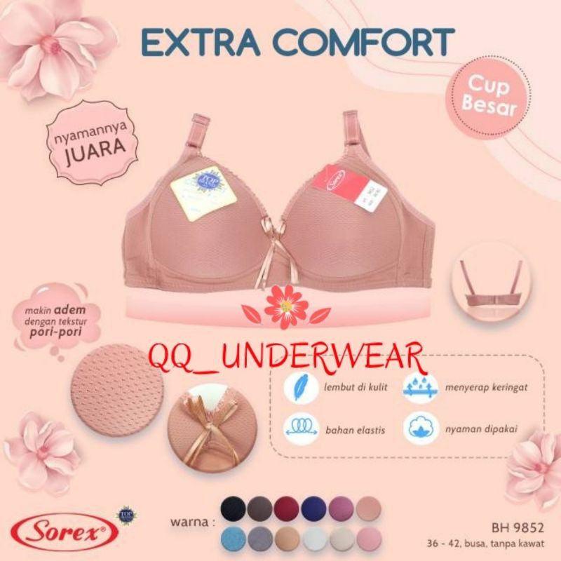 Bra Sorex 9852 Tanpa Kawat Busa Tipis Kait 2 / BH SOREX 9852 Cup Sedang 36-42 Extra Comfort / Bra Sorex / Bh Sorex