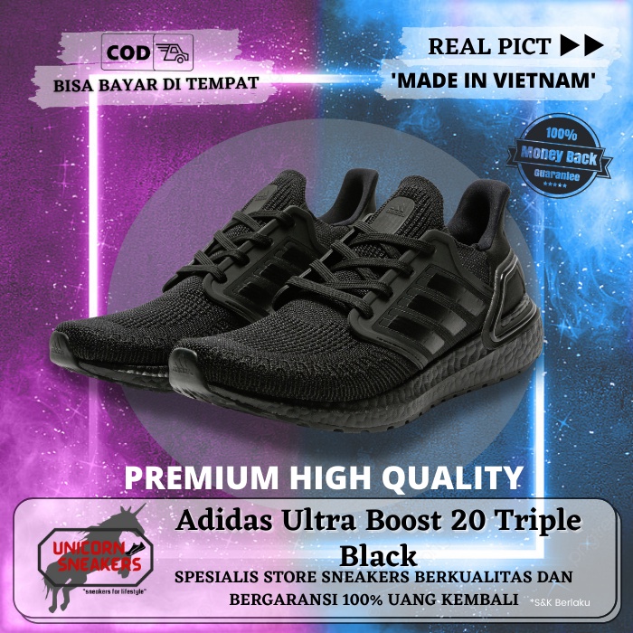 Sepatu Running Adidas Ultra Boost 20 Triple Black Sneakers Pria Sneaker Olahraga Runing Cowok Import