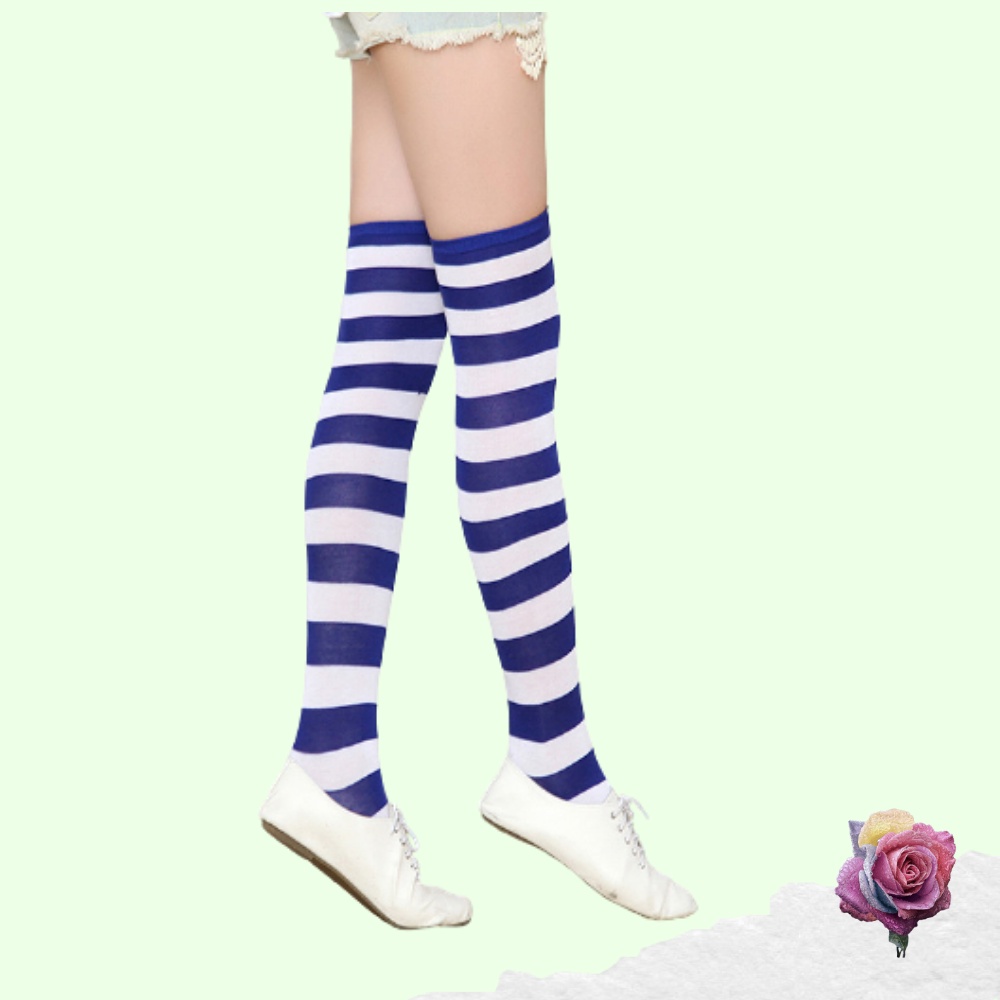 Kaos Kaki Wanita Over Knee Socks Kaos Kaki Sepaha Motif Belang-Belang Kaos Kaki Panjang-Navy Blue X White