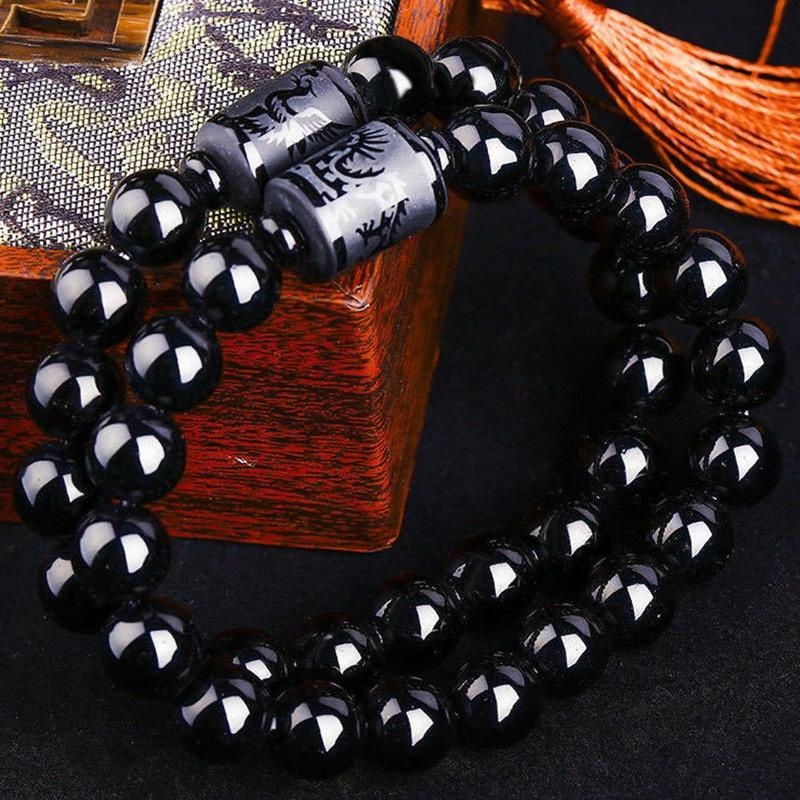 Gelang Manik-Manik Obsidian Bulat Motif Naga Phoenix Warna Hitam Gaya China