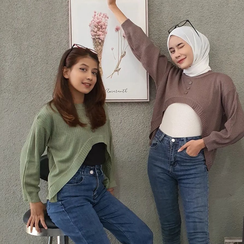 Sweater Crop Wanita Mory Moon Bahan Rajut Korean Style