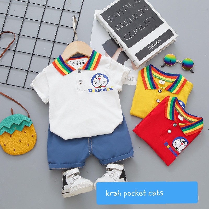 LittleAaron SET KRAH POCKET CATS 1103 EBV Setelan Kemeja Bayi Laki-laki Lengan Pendek