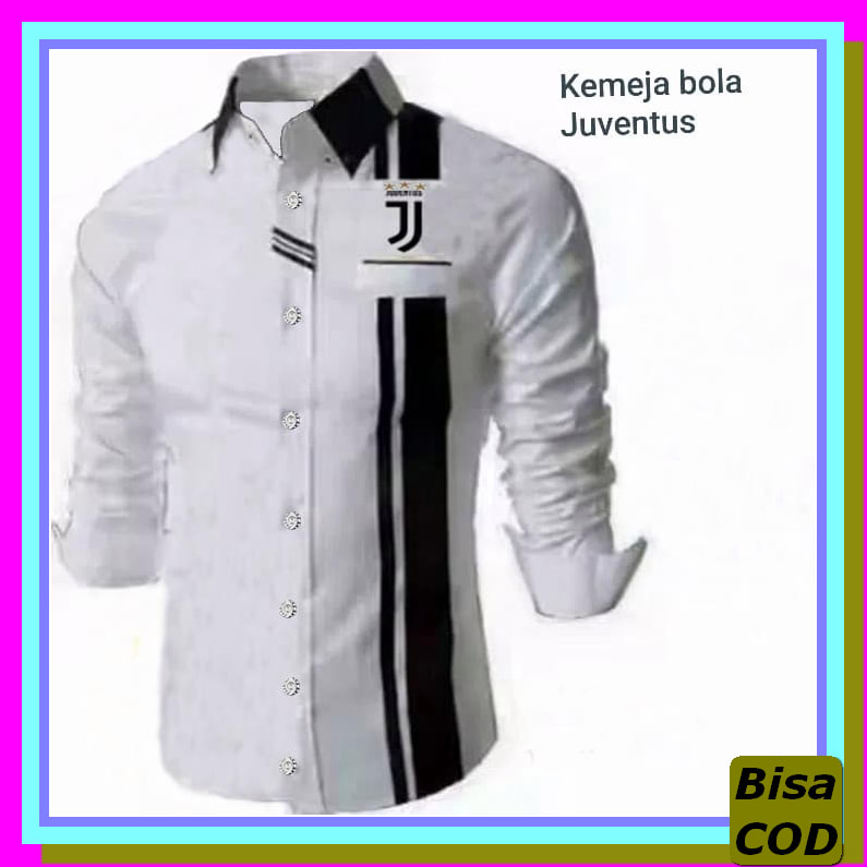 Kemeja Pria Surfing Pantai Motif Hawai Lengan Panjang Pria Premiu QH521 [Kemeja Bola Juventus White