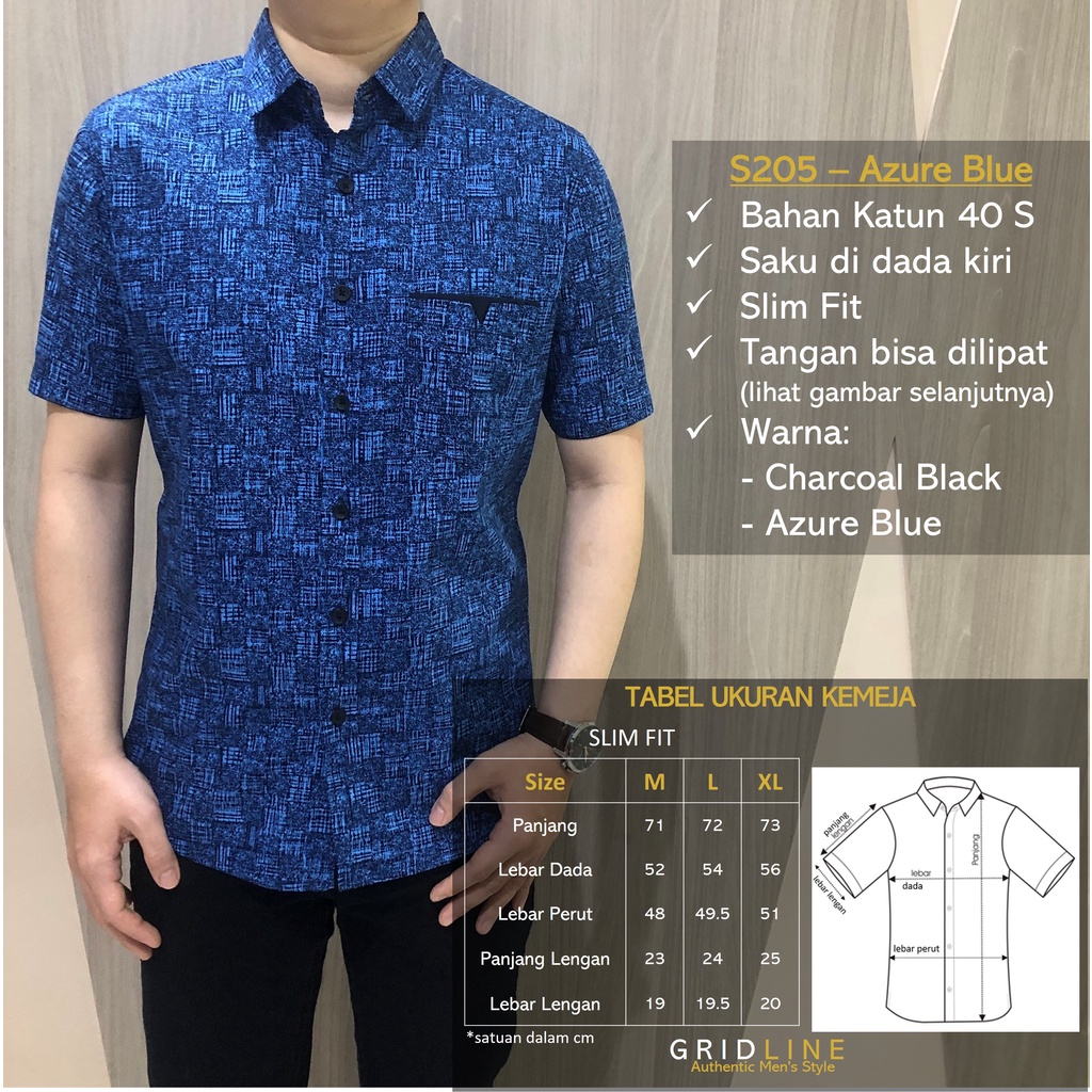 [GRIDLINE - S334 Savanna Brown &amp; Violet Grey - S205 Charcoal Black - S313 Azure Blue] Kemeja Slimfit Pria Katun Lengan Pendek Stylish Premium