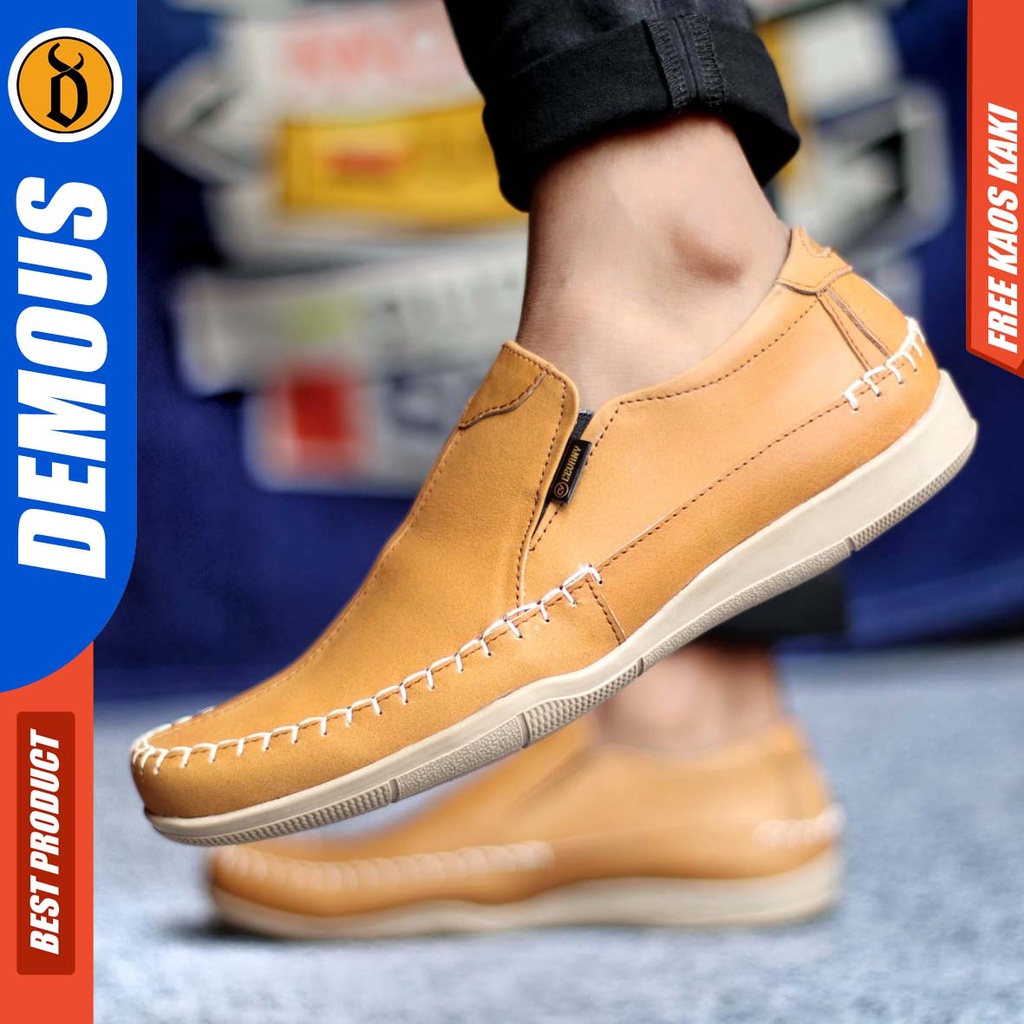 DEMOUS DIVOC Sepatu Casual Slip On Pria Kulit Asli Sepatu Kerja Santai Hitam Slop Murah Kekinian