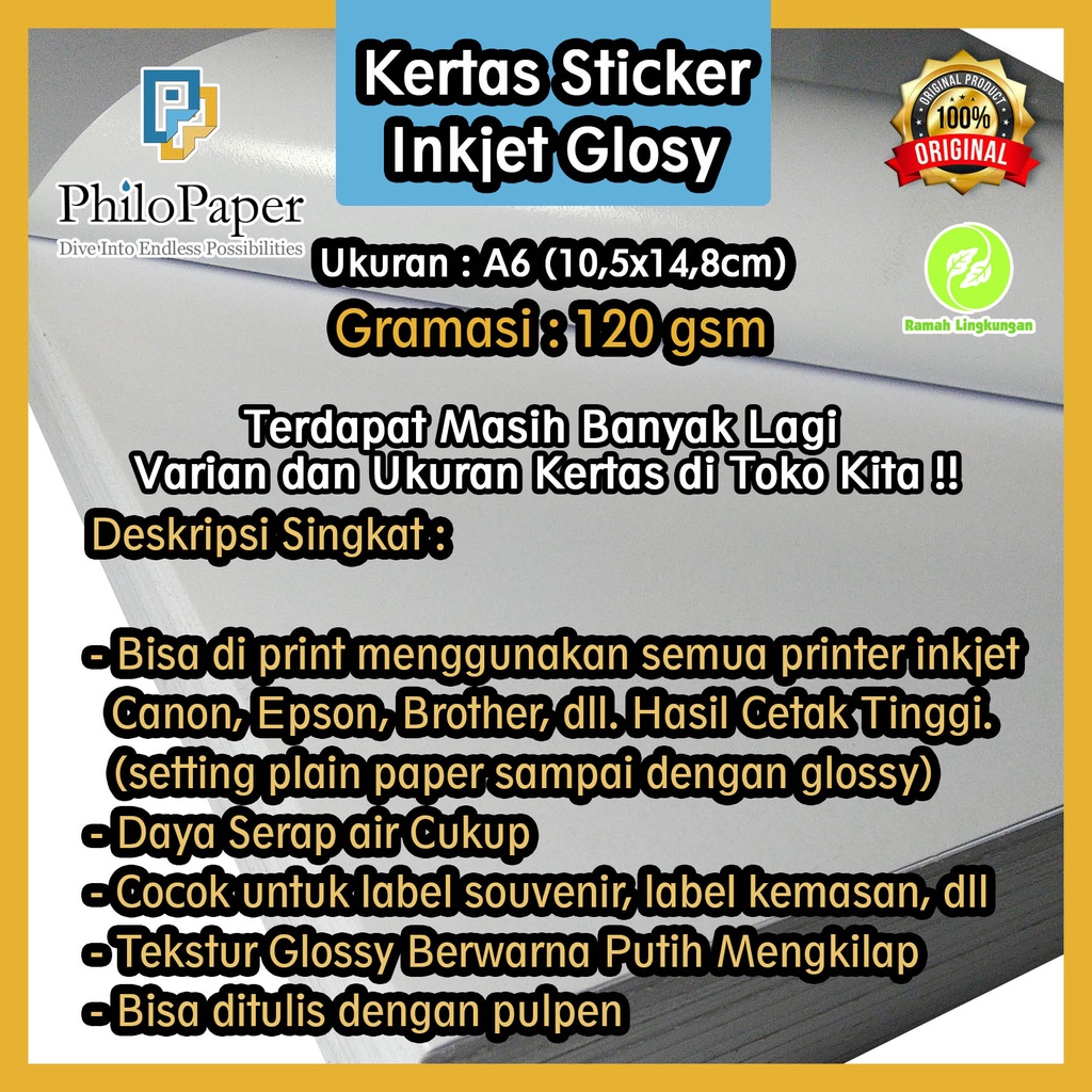 

Kertas Sticker Inkjet Glossy 120 Gsm A6