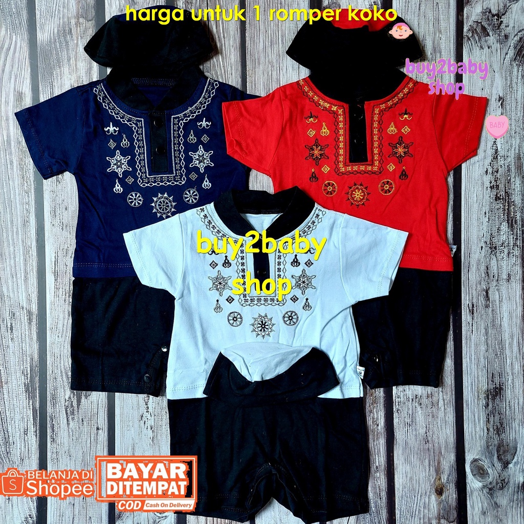 Baju muslim bayi romper model koko dengan peci full bordir HAYAMI