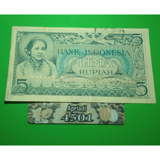 UK157 UANG KUNO ASLI 5 RUPIAH SERI KARTINI/KEBUDAYAAN TAHUN 1952 UANG LAMA KERTAS INDONESIA #XF