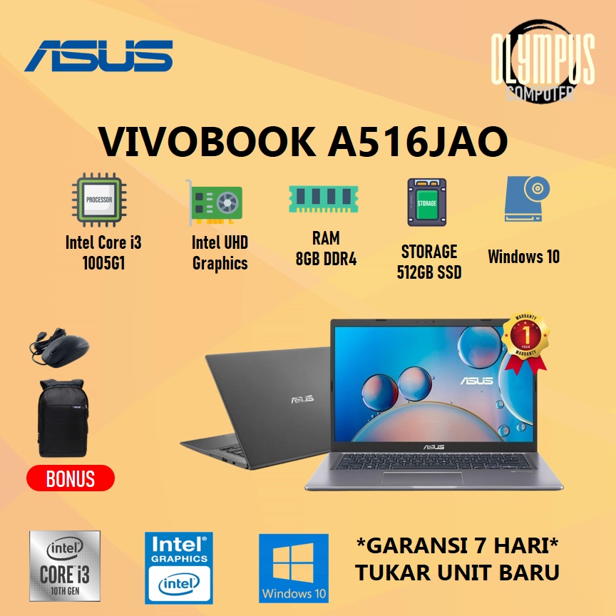 Laptop Asus A516JAO VIPS355+ i3 1005G1 4GB 512SSD+OPT W10+OHS 15.6FHD