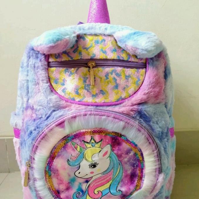 tas ransel sekolah bulu tanduk anak perempuan SD LED smiggle unicorn
