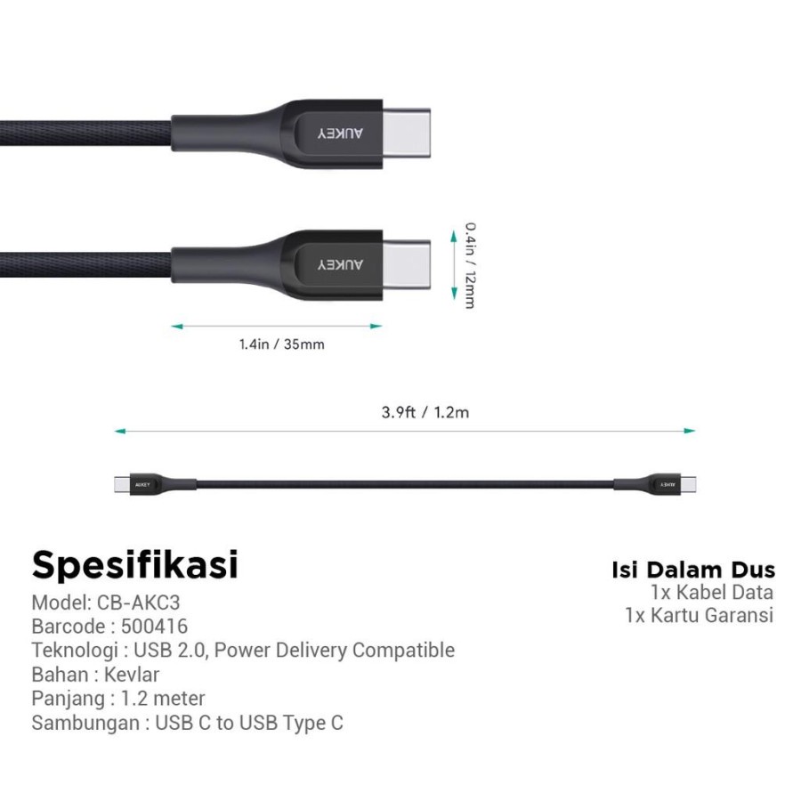 Aukey Cable CB-AKC3 USB-C to C 1.2m Kevlar Black - 500416