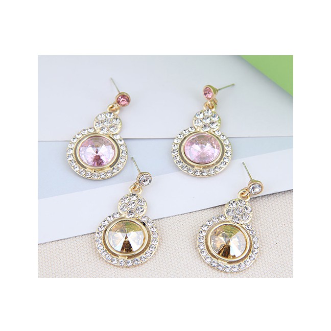 LRC Anting Tusuk Fashion Pink Alloy Earrings With Round Diamonds A61810