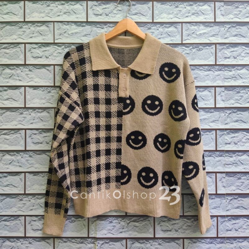 CS052 Sweater Rajut Wanita Motif Smile Square Kinanti