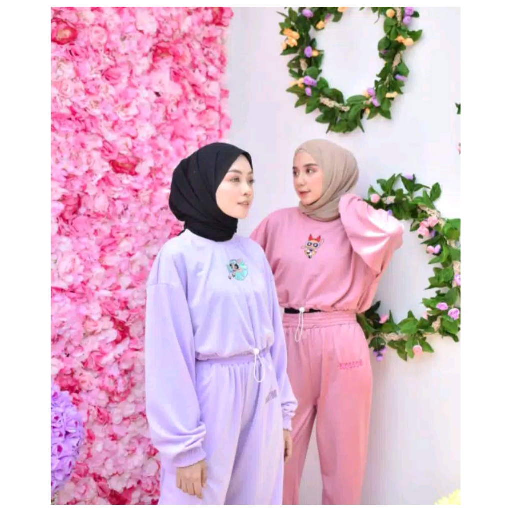 READY SIZE M-XL Powerpuff Girls Set / Setelan Sweater dan Celana Wanita / Setelan Olahraga Powerpuff
