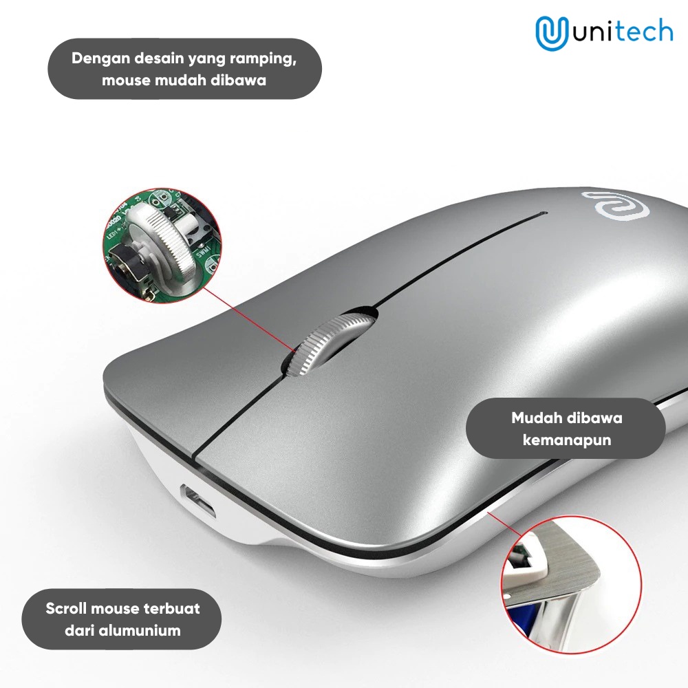 Mouse Wireless Slim Recharger Unitech P1 Silent Click Mode 2.4Ghz 1600 DPI &amp; Gratis Mousepad