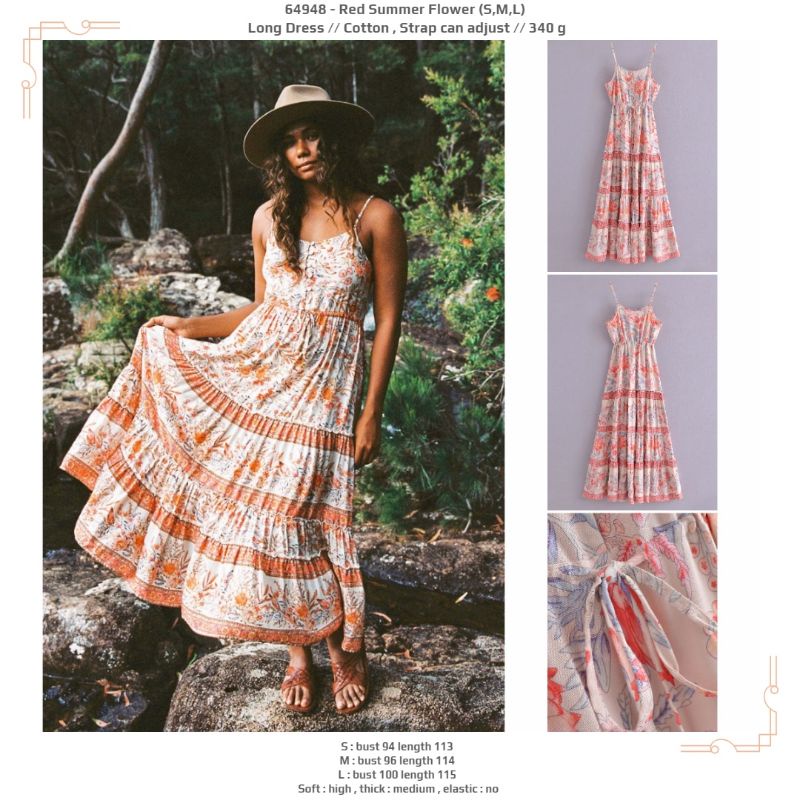 Dress midi summer setali putih motif bunga tanpa lengan pinggang serut