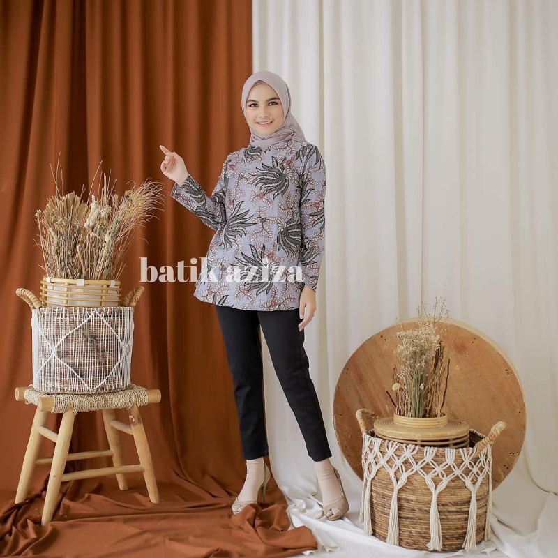 tey-17 Batik wanita ASJ SA HRB026 Kenongo Kemeja Tosca Pendek-Pisang abu new