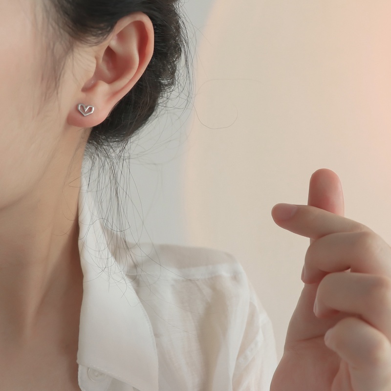 Papaozhu Minimalis s925 Perak Kecil Berongga Jantung Stud Anting-Anting Untuk Wanita Perempuan Lucu Cinta Hati Anting-Anting Perhiasan