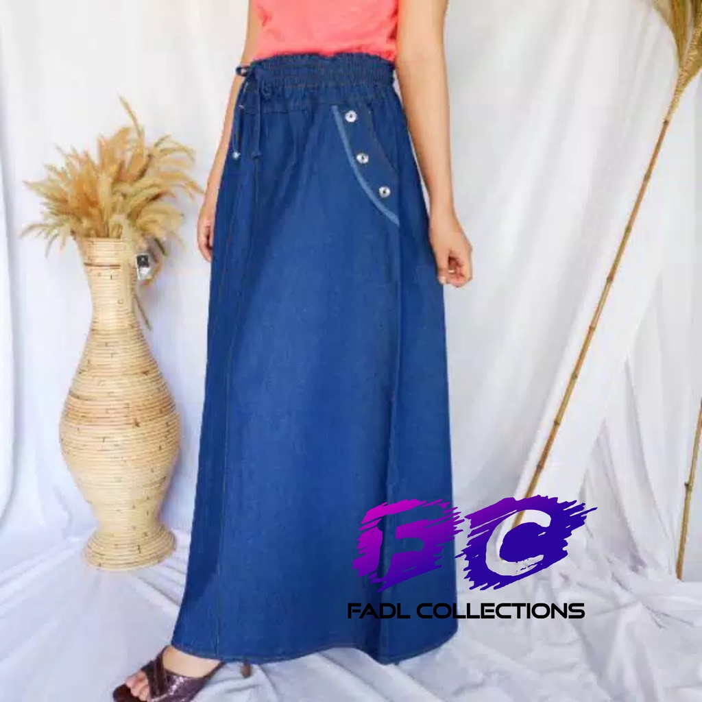 Rok Jeans Polos Span Panjang Jumbo Pakaian Wanita Rok Dewasa Pinggang Karet Elastis Original Produk 
