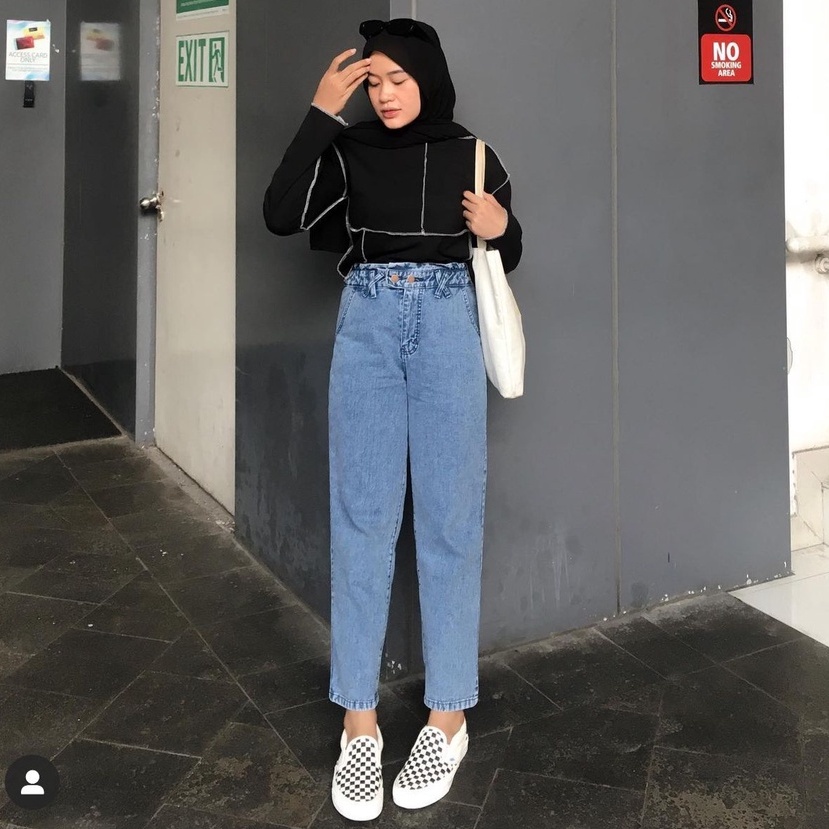 Felicity Boyfriend / celana jeans baggy wanita highwaist karet stretch melar putih hijau white biru snow black