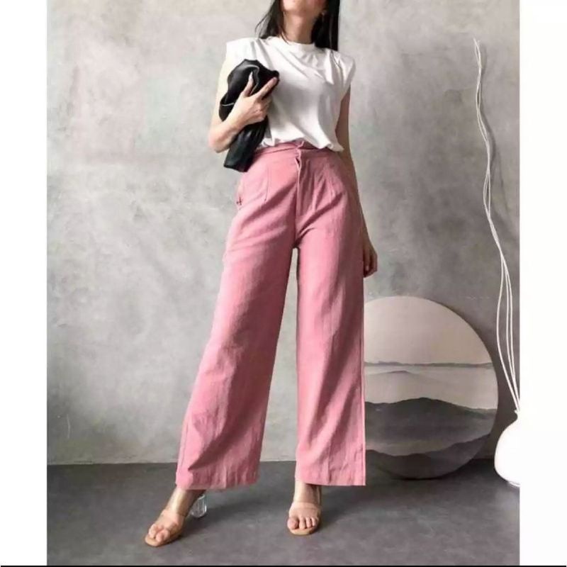 Celana Kulot Highwaist Kancing Resleting Poli Katun