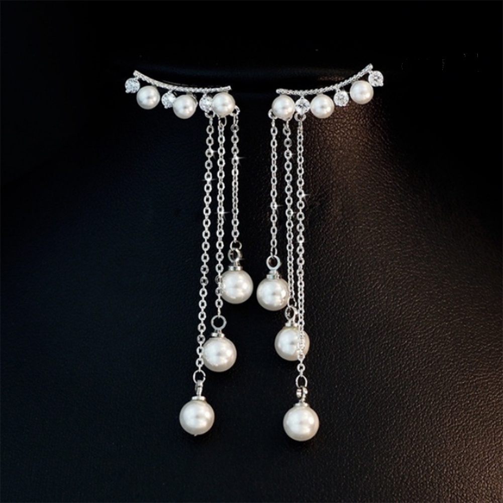 OW# Women Faux Pearls Inlaid Chain Tassel Dangle Ear Jackets Earrings Jewelry Gift