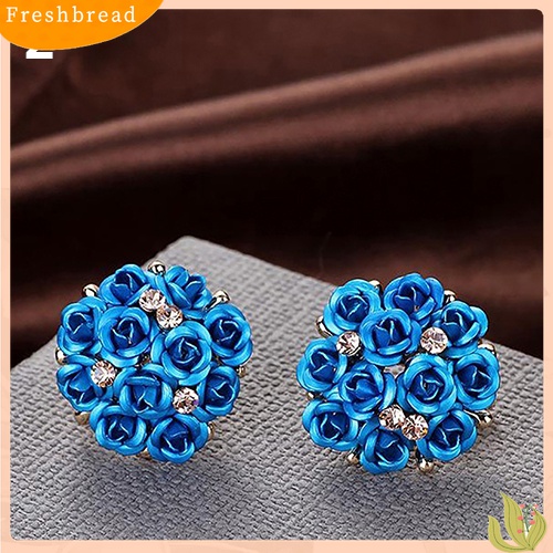 Fresh| Anting Stud Bentuk Bunga Mawar Mekar Aksen Berlian Imitasi Gaya Elegan Untuk Wanita