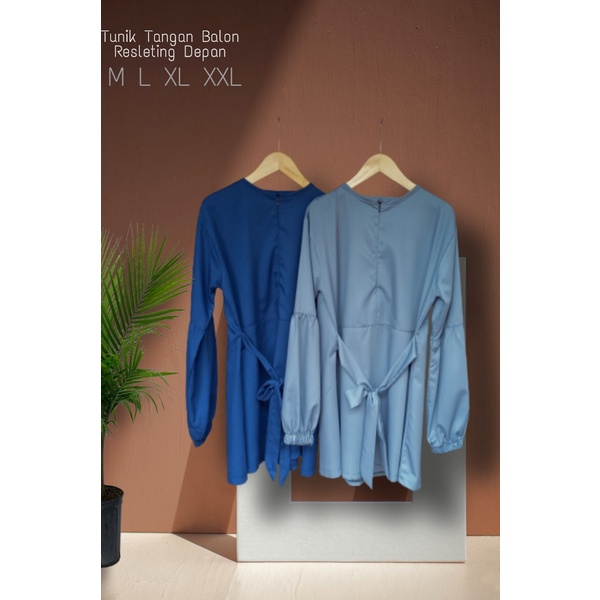 Atasan Tunik Polos Blouse Tangan Balon Wanita Resleting Depan bahan Toyobo Size M L XL XXL ld 120