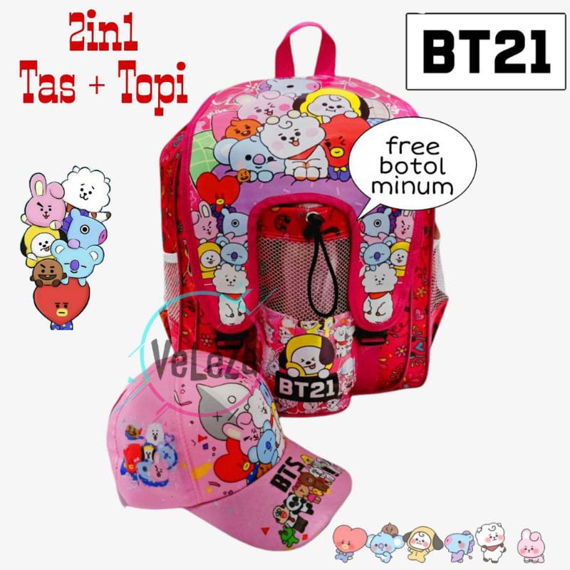 Ransel Anak BT21 Botol Tengah Paket Topi+Wasbag