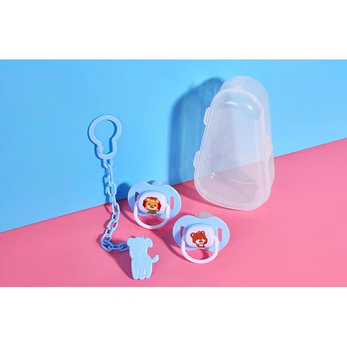 MOMMYCARE Dot Anti Jatuh / Tali Dot Baby / Dot Dengan Kotak Silikon / Empeng Rantai / Pacifier Bayi + Box-#A56 Biru