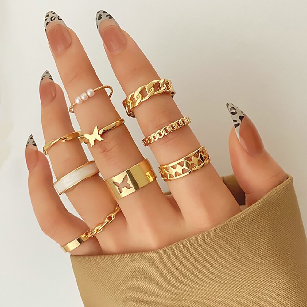 10pcs / Set Cincin Rantai Emas Desain Kupu-Kupu Hias Mutiara Gaya Bohemian Untuk Wanita 2022