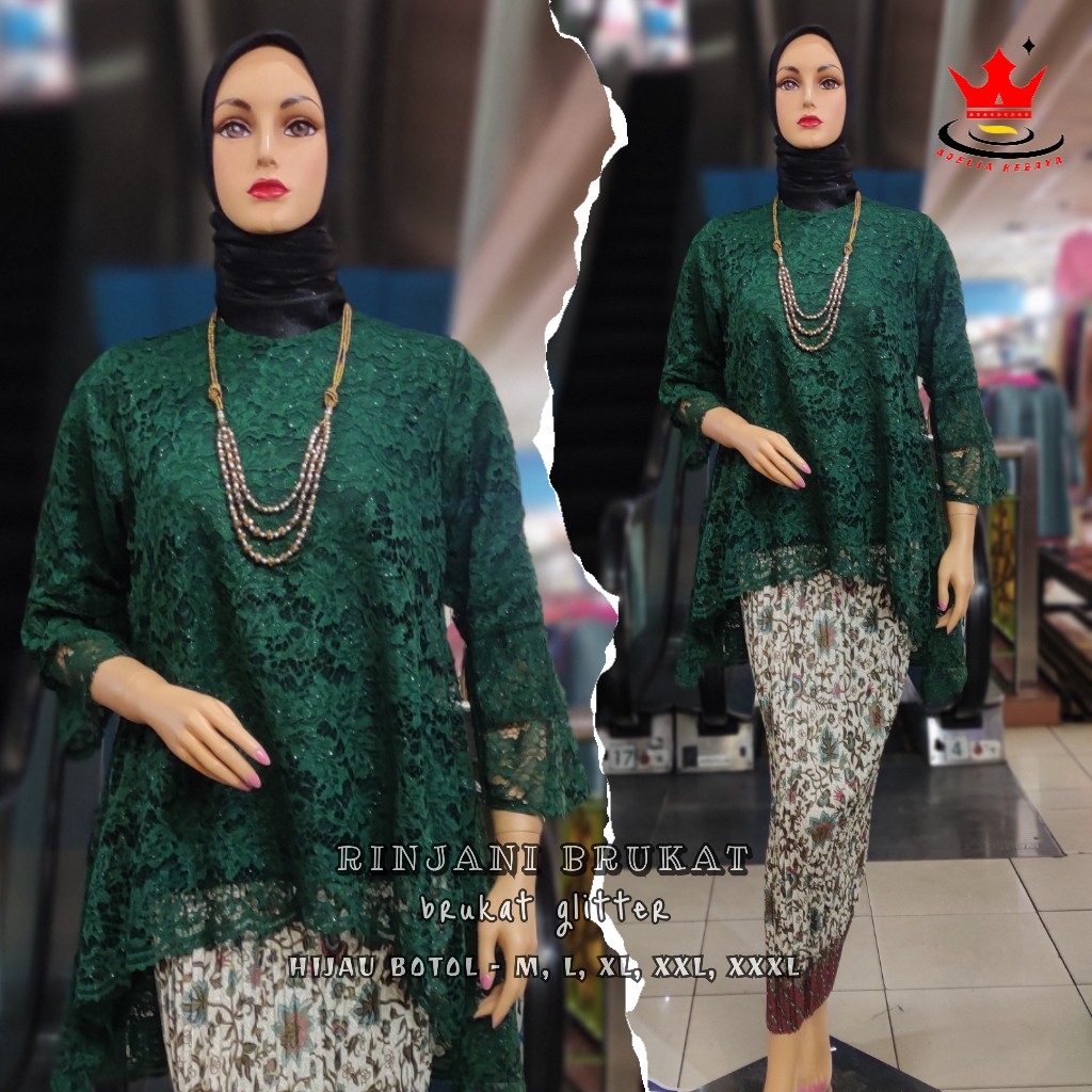 ADE> ORIGINAL BIG SIZE - KEBAYA RINJANI BRUKAT MODERN - KEBAYA BRUKAT JUMBO - BRUKAT KEBAYA JUMBO-hijau botol