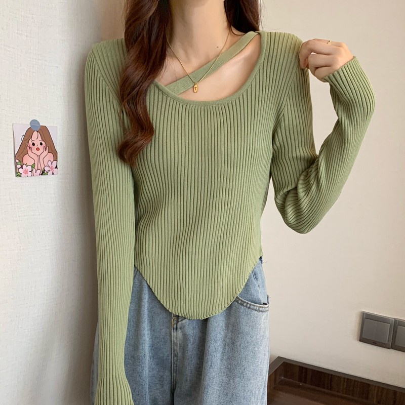 Knitwear Korea Rajut Wanita Crop Top Lengan Panjang Sweater Crop