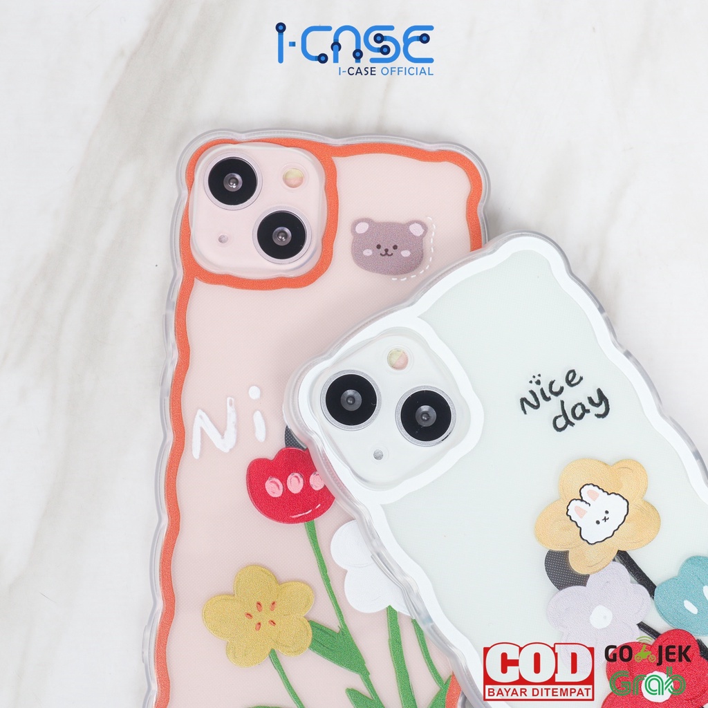 Softcase Clear Big Flowers Bear and Bunny Wavy Side Full Lens Cover For iPhone 7 8 SE XR XS MAX 11 12 13 MINI PRO MAX