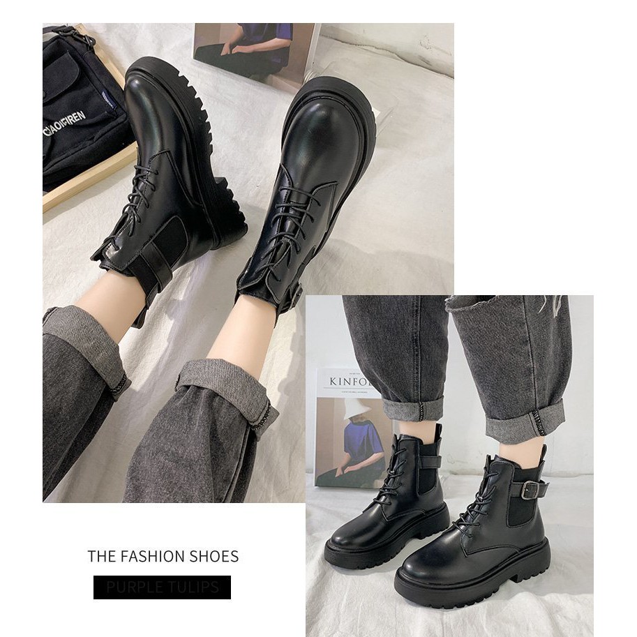 SBGT sepatu boot aksen gesper high ankle hitam sol tebal import korea jepang martin boots