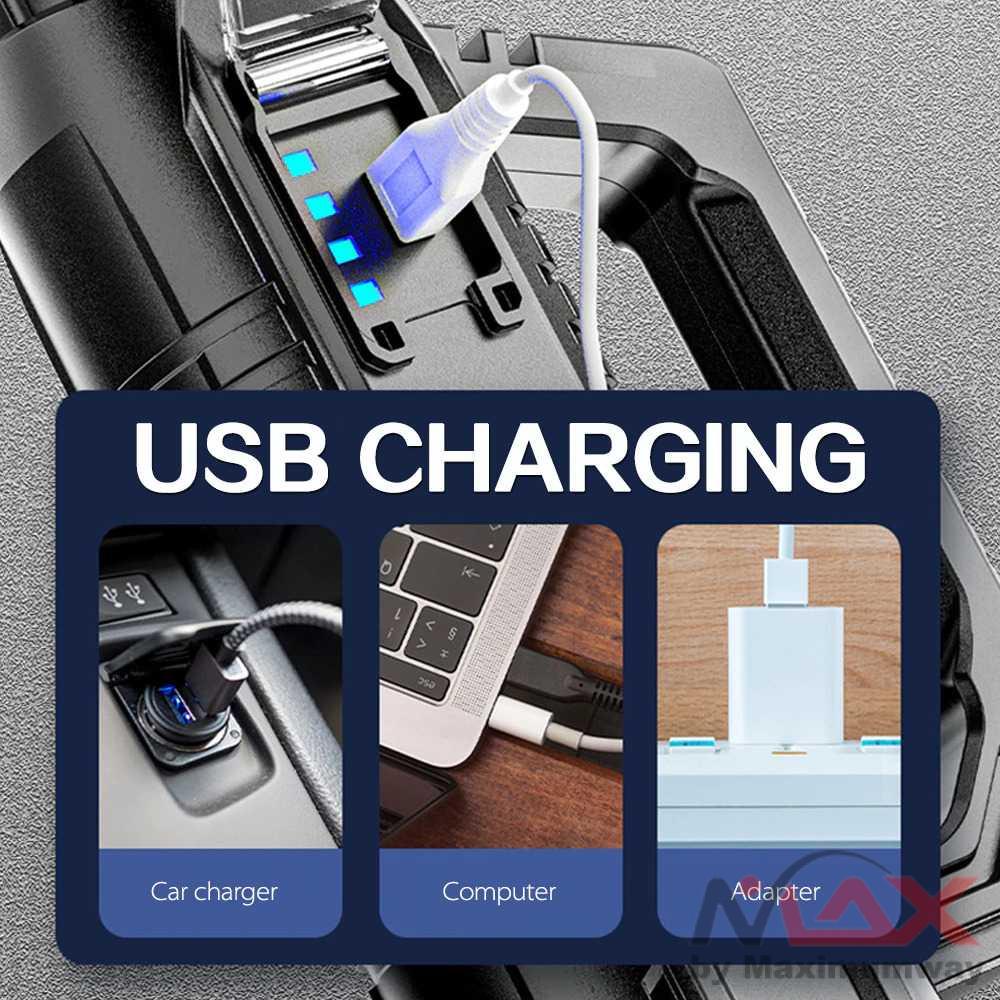 Senter Besar USB Recharge 60000 Lumens bisa Strobo Anti Air Jangkauan Jauh Lampu Sorot Portabel