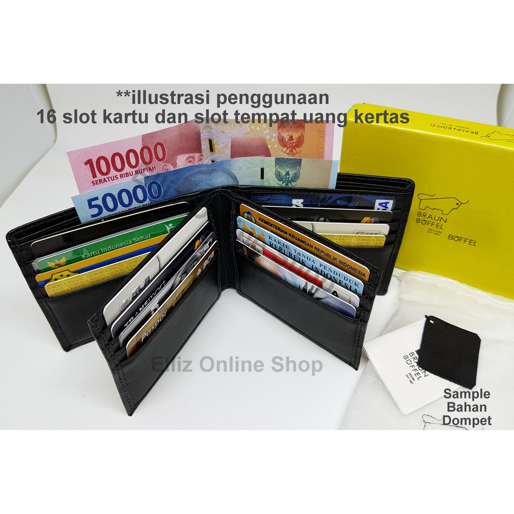 DOMPET KULIT PRIA IMPORT BRAUN BUFFEL 5186 BLACK - 16 Slot Kartu - Model Tidur