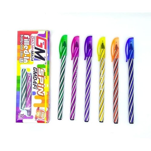 BOLPOIN GM SPIN LILIN 1 PACK (12PCS) - GAJAH MADA PULPEN PENA WARNA WARNI LUCU 1 lusin