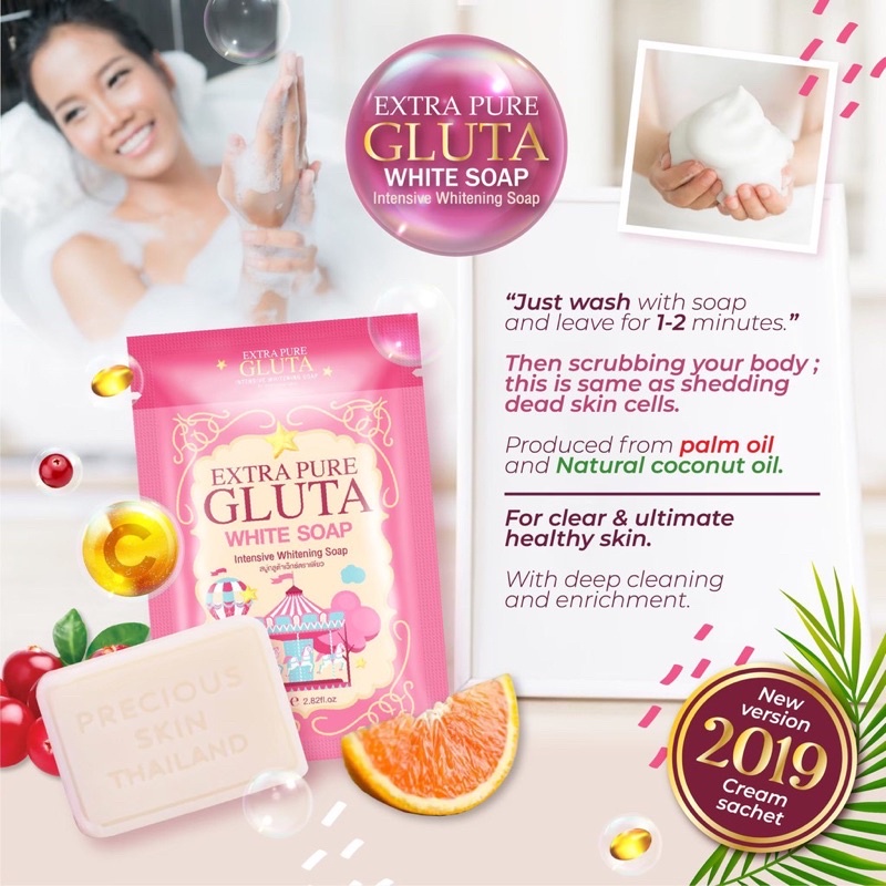 EXTRA PURE GLUTA WHITE Body Lotion SPF100 PA++ / Body &amp; Face Soap 80gr Sabun Batang (Precious Skin Whitening Handbody / Bodylotion / Lotion / Pemutih Badan 300ml