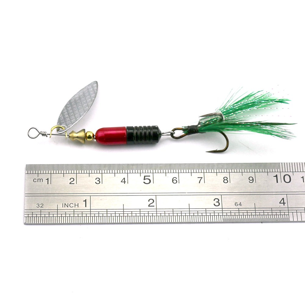 HENGJIA 1Pcs 8cm/10g Umpan Pancing Spoon Bahan Metal Sequin dengan Bulu Fishing Lure Bait Bass Ikan