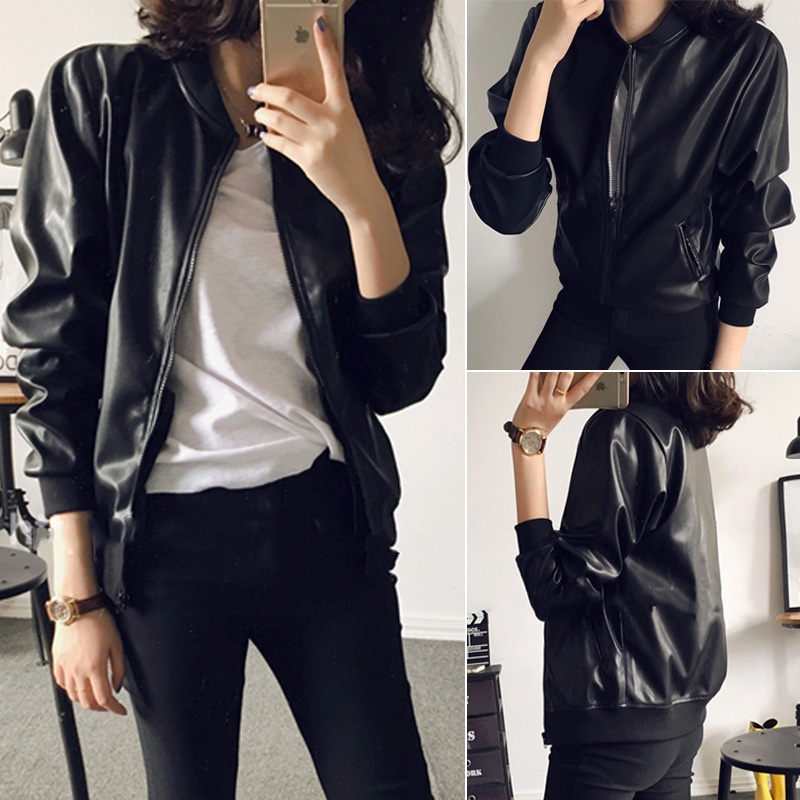 #Sisjuly# Jaket Kulit Wanita Baru Wanita Versi Korea Slim Slim Jaket Kulit Pu Mahasiswa Jaket Pendek