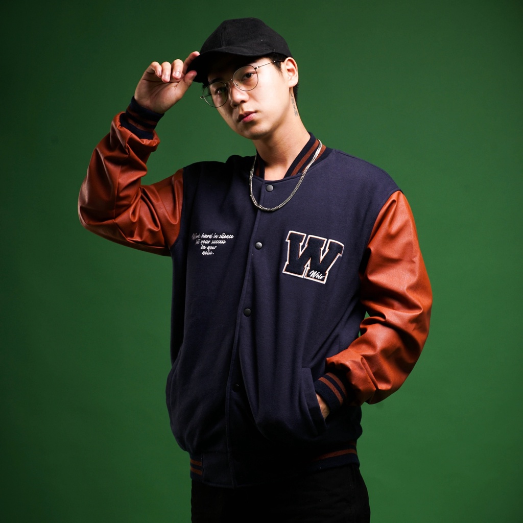 [BISA COD] Jaket Baseball Varsity Pria &amp; Wanita Navy Lokky, With Premium Leather Material (Original 100%)